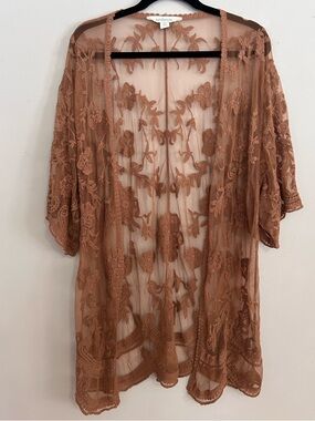 Sundance Lace Kimono Cardigan Rust Brown Boho Sheer  Embroidered Festival Duster